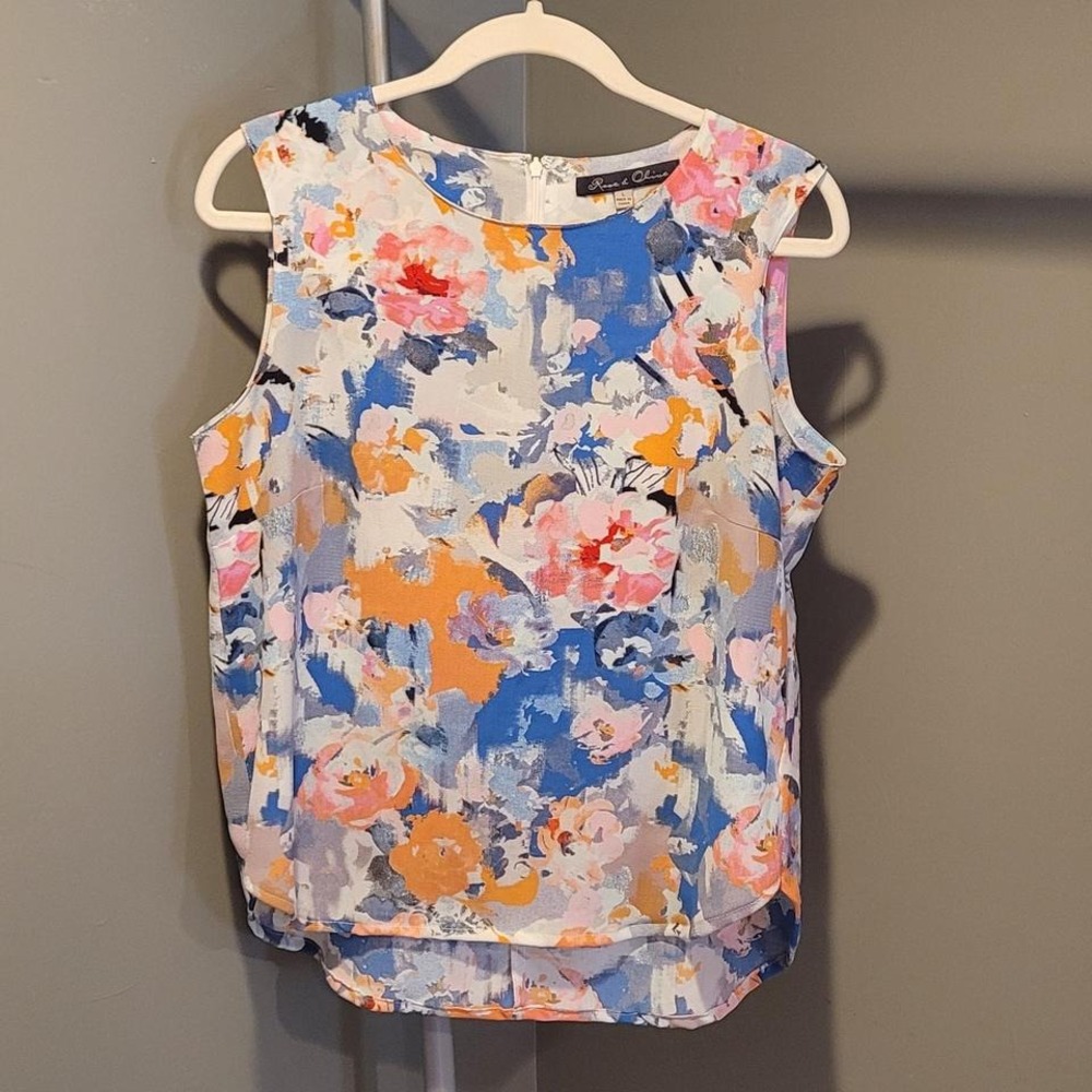 Rose & Olive Sleeveless Impressionist Floral‎ Print Blouse, Size L, Multicolor